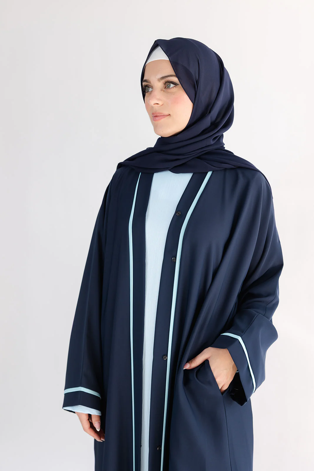 Premium Navy Open Abaya – Blue Line Border Design with Pocket - Image 4