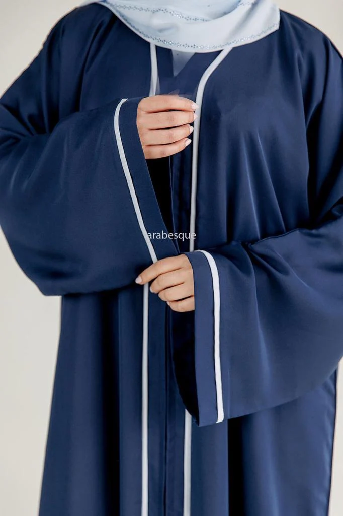 Premium Navy Open Abaya - Cream Line Border - Image 3