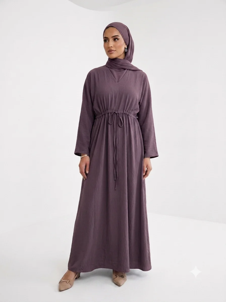 Purple Closed Abaya – Plain Crushed Polyester with Drawstring Waist