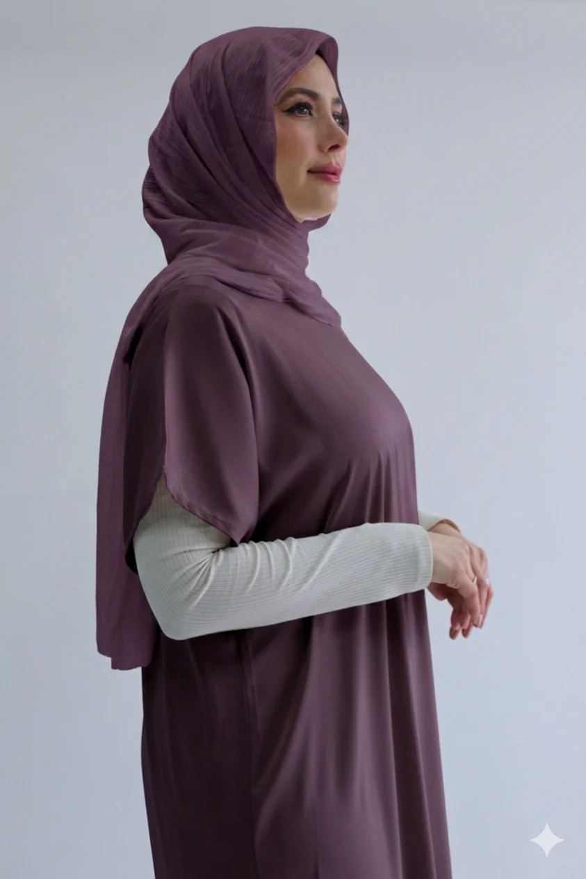 Purple Plain Short Sleeve Dress - Silky Ripple Satin - Image 2