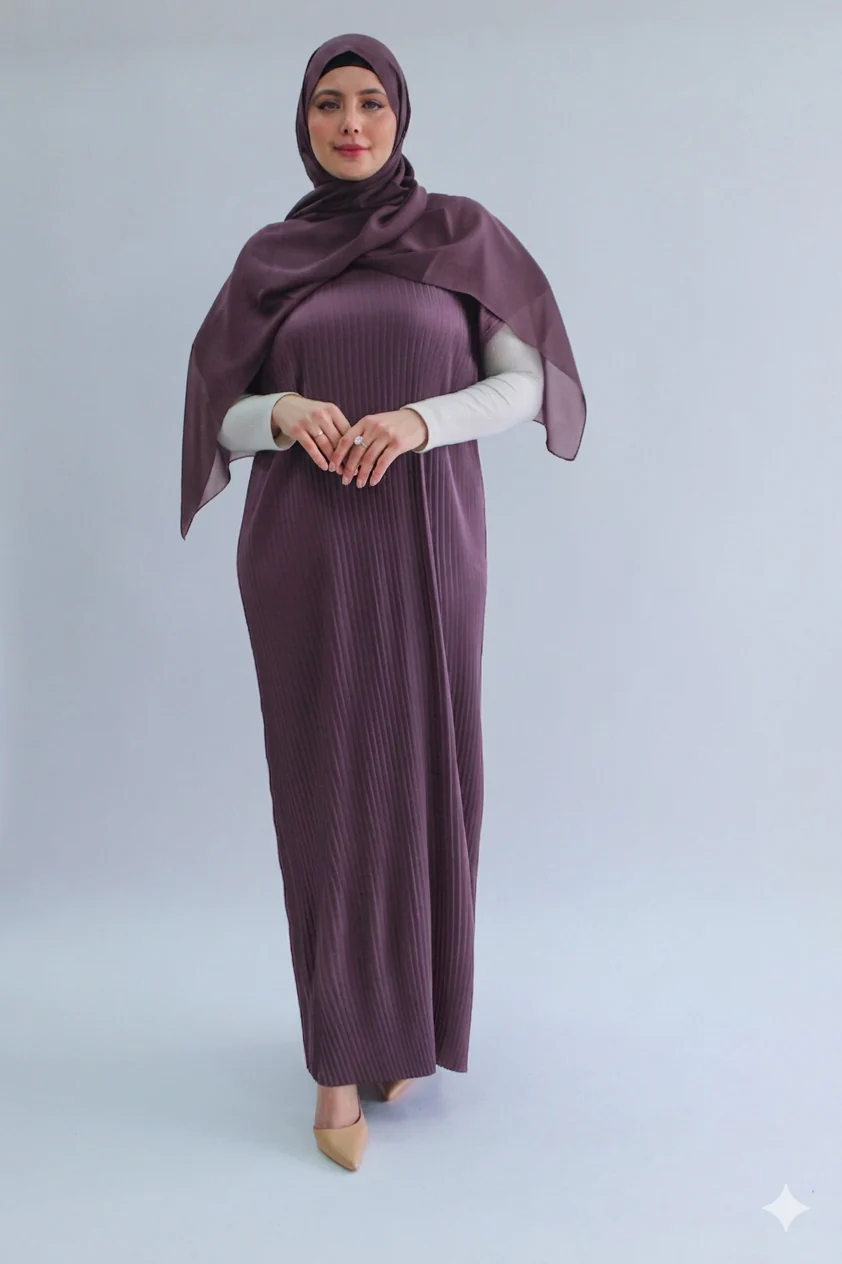 Purple Pleated Short Sleeve Dress - Silky Ripple Satin