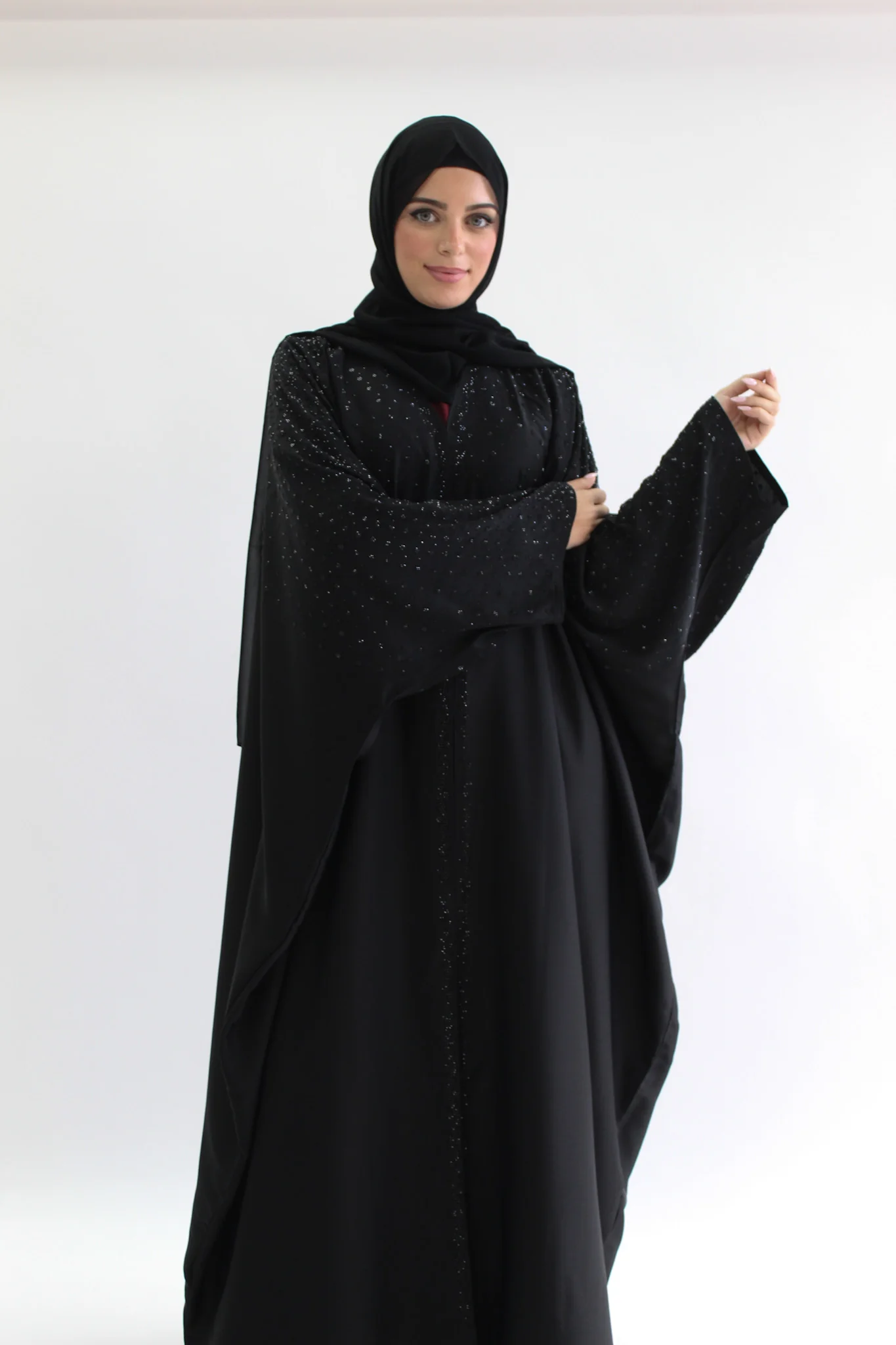 Ripple Satin Polyester Black Stone Work Batwing Open Abaya - Image 4