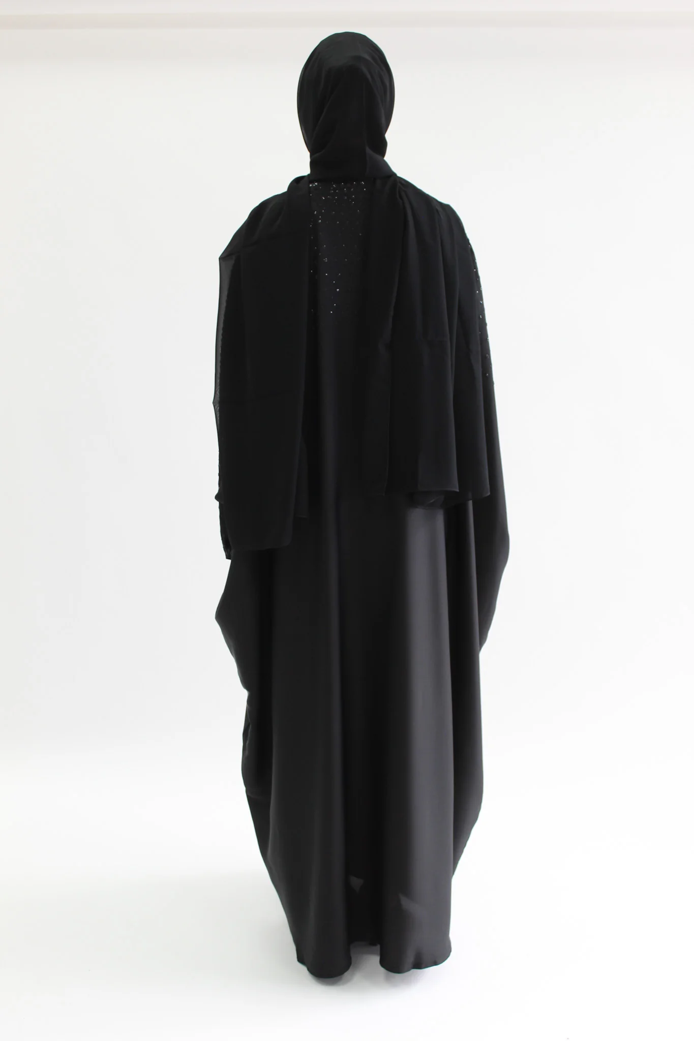 Ripple Satin Polyester Black Stone Work Batwing Open Abaya - Image 5