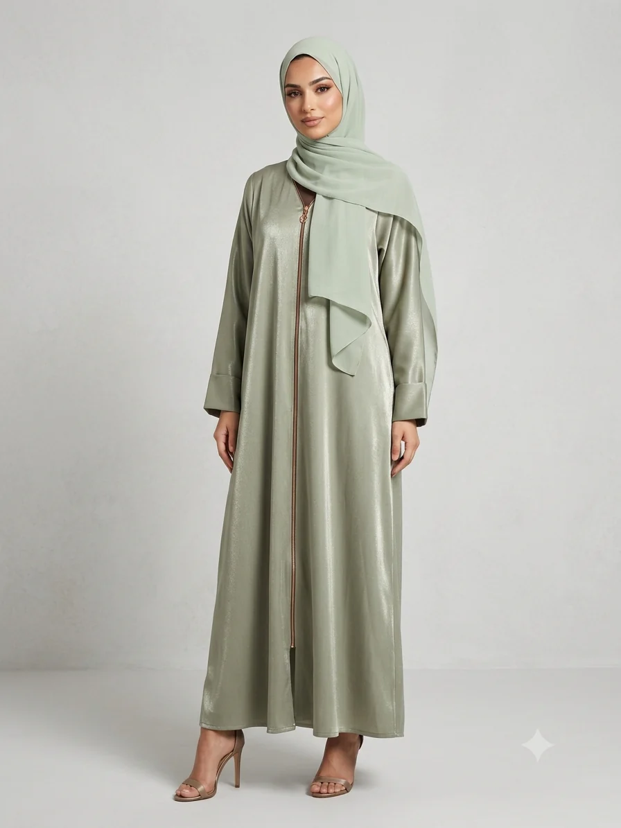 Sage Green Zip Abaya – Plain Design With Rose Gold Zip