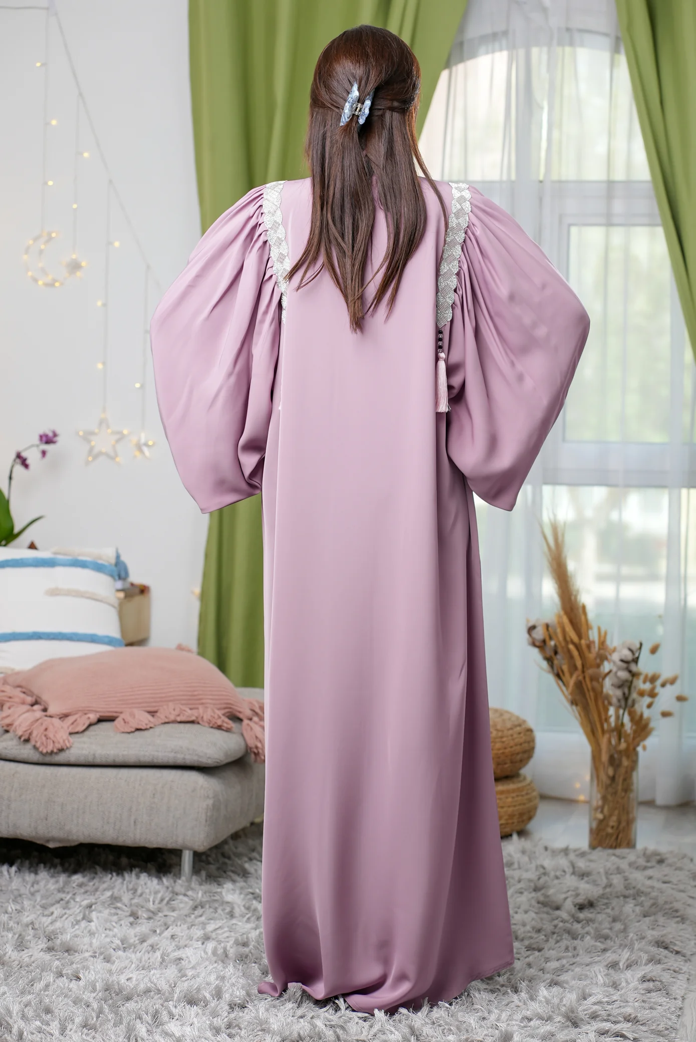 Pink Open Abaya - Luxury Beadwork and Draped Sleeves - Image 3