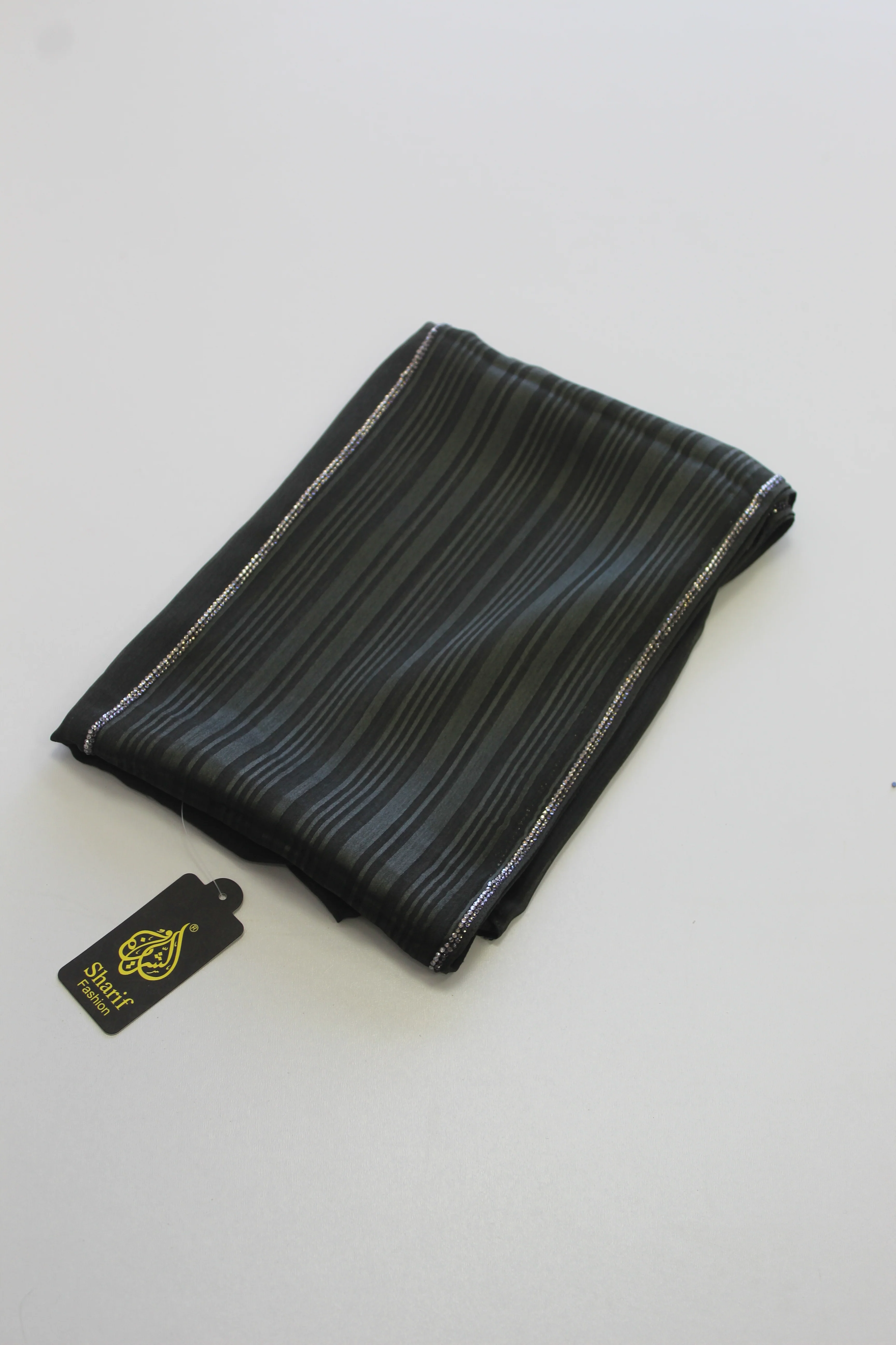 Sharif Army Green Satin Stripe Accents Diamante Ombre Long Chiffon Hijab - Image 3