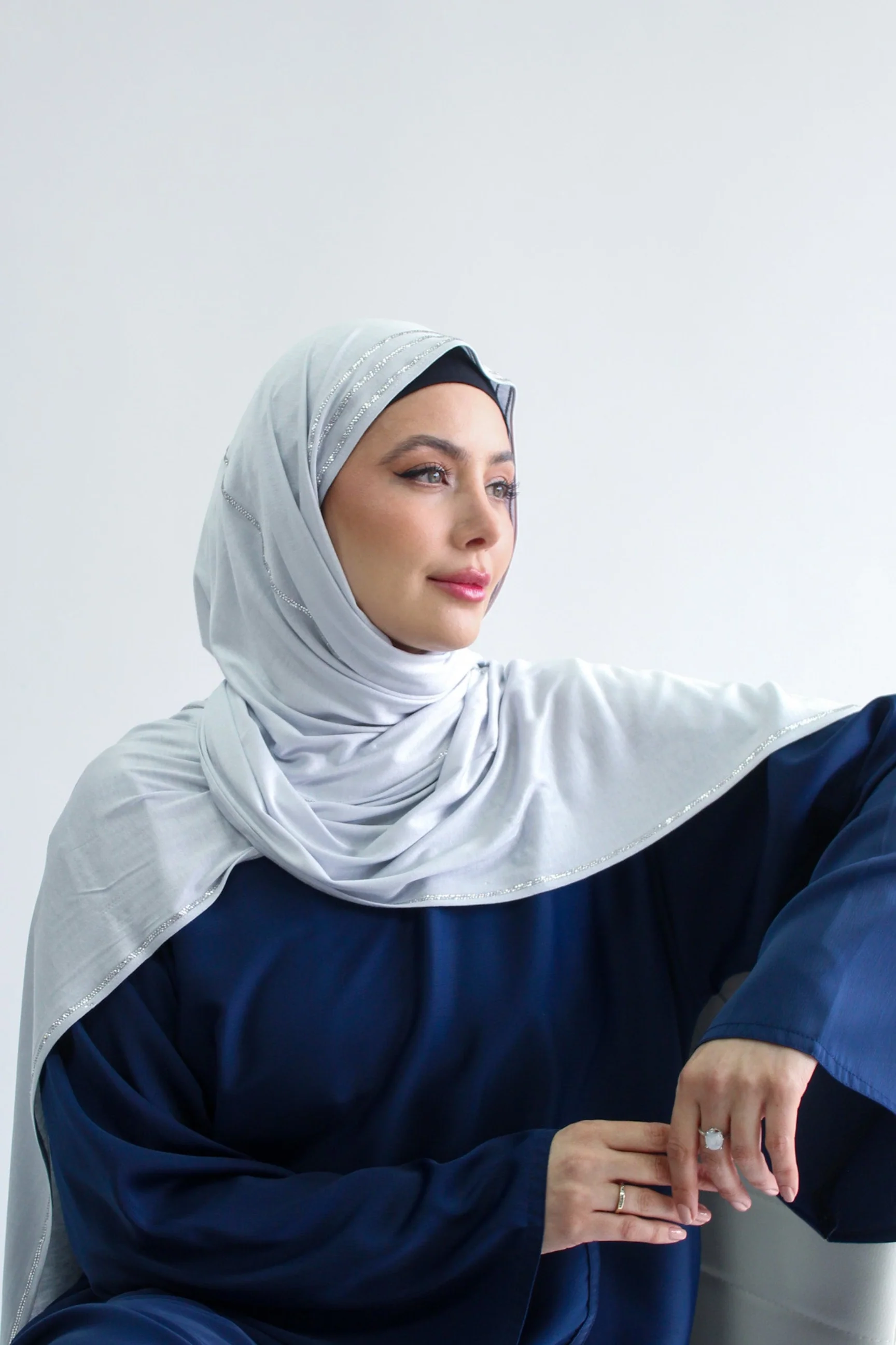 Sharif Triple Stripe Border Diamante Jersey Long Hijab