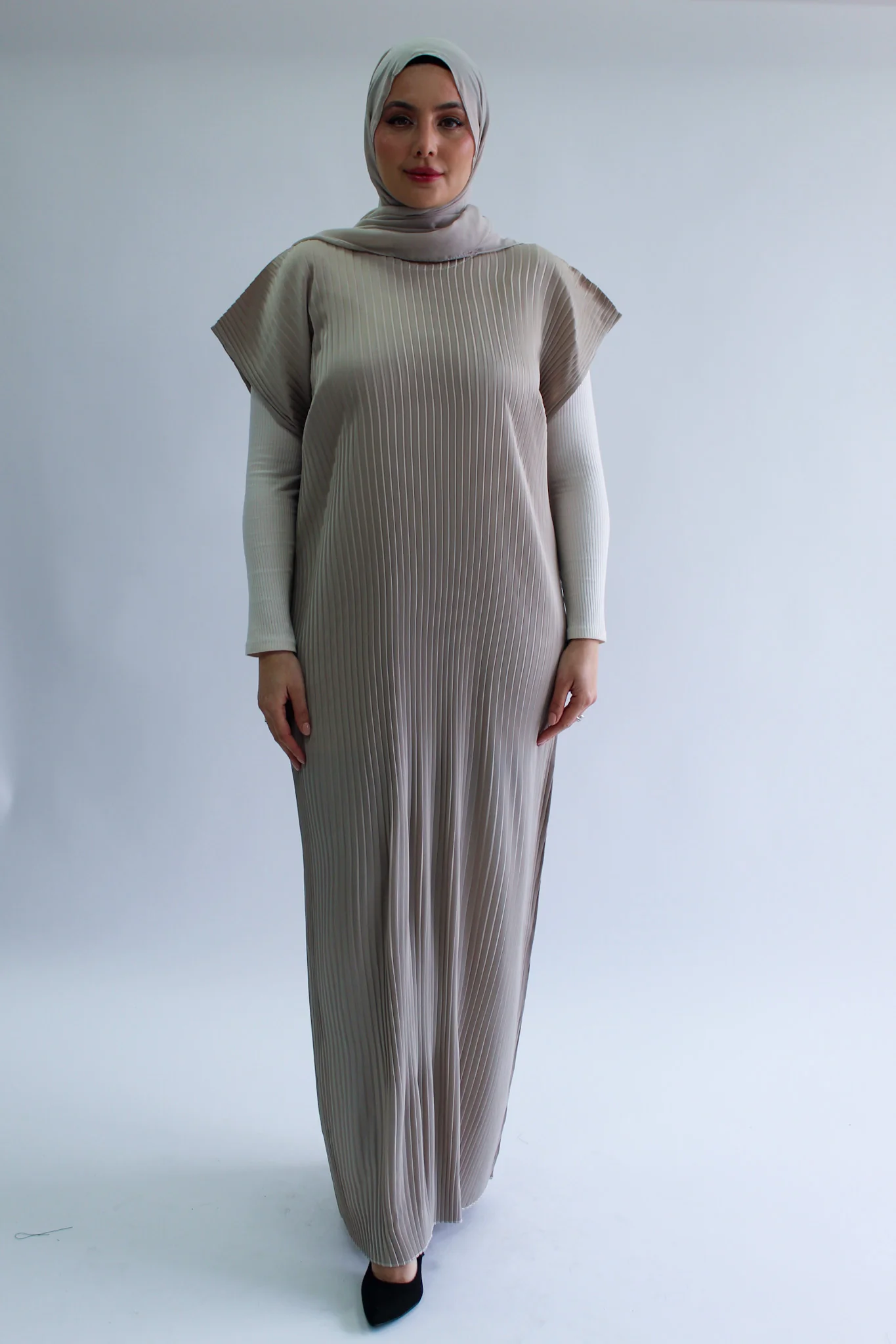 Stone Pleated Short Sleeve Dress - Silky Ripple Satin
