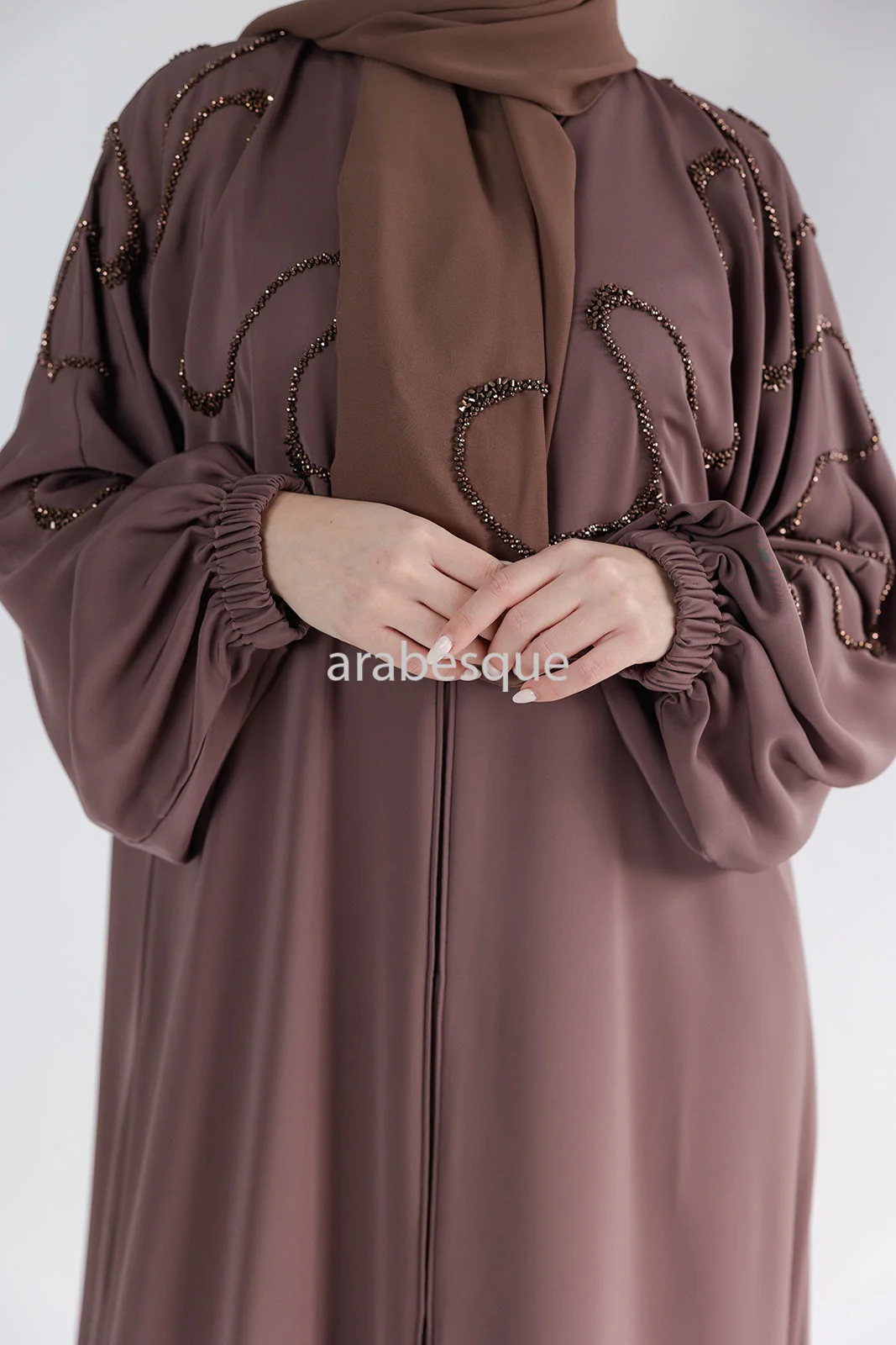 Taupe Brown Open Abaya – Luxury Beaded Front Design with Elastic Sleeves - Image 2