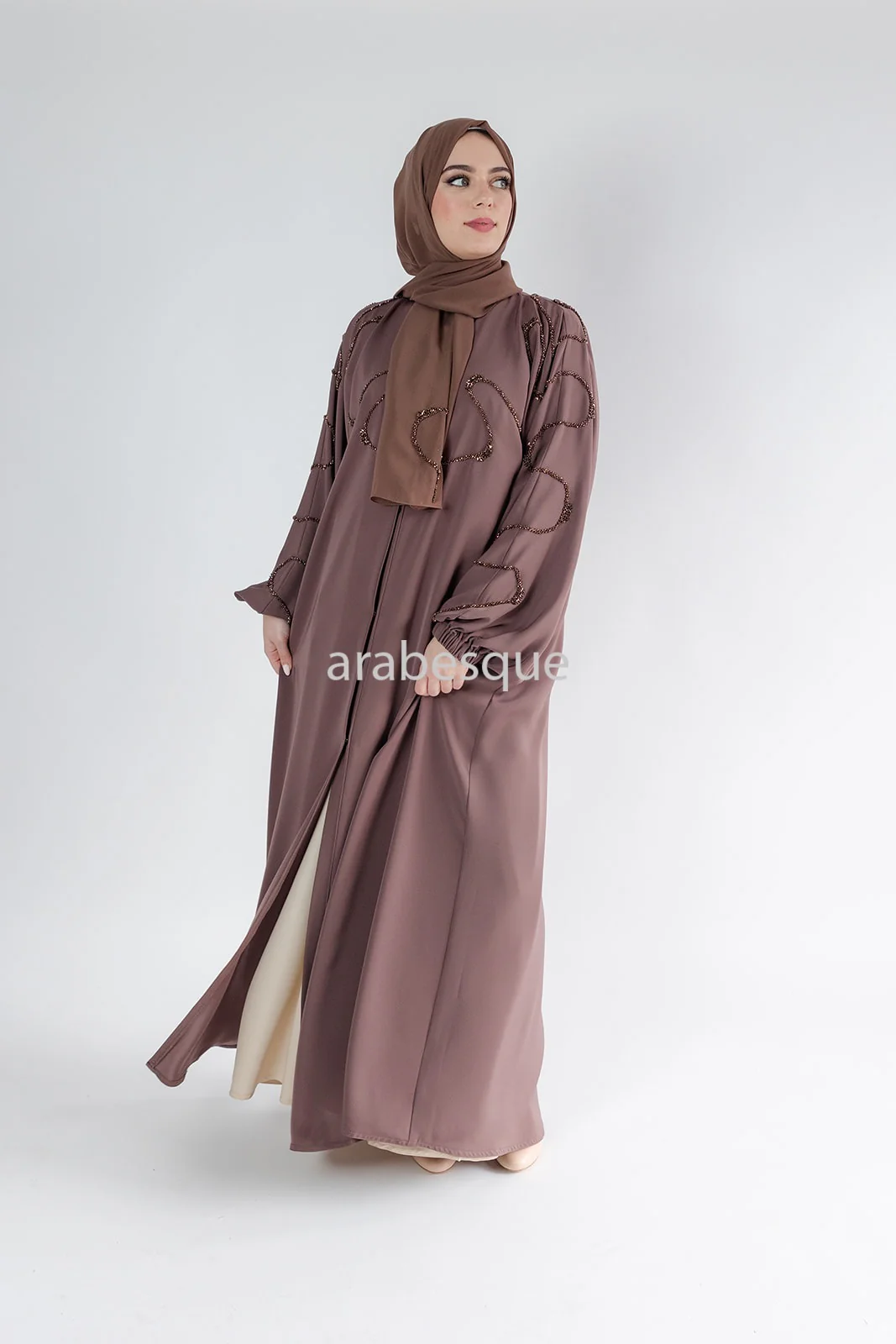 Taupe Brown Open Abaya – Luxury Beaded Front Design with Elastic Sleeves - Image 5