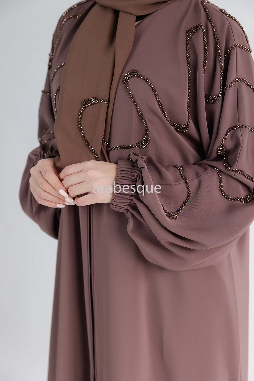Taupe Brown Open Abaya – Luxury Beaded Front Design with Elastic Sleeves - Image 8