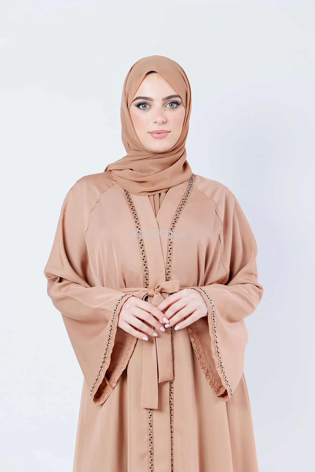 Taupe Open Abaya – Embellished Umbrella Cut with Flared Sleeves - Image 2