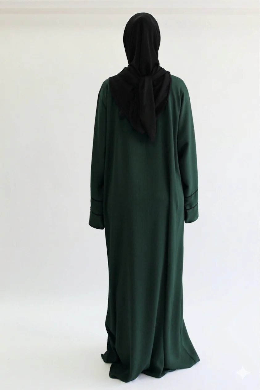 Dark Green Closed Abaya – Textured Lined Design with Beaded Detailing - Image 3