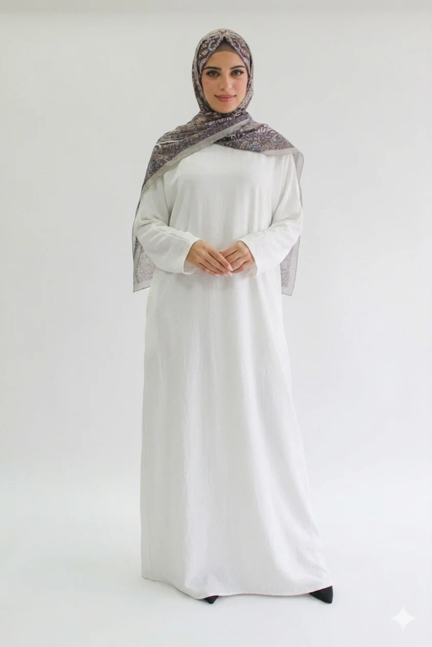 White Closed Abaya - Plain Crushed Polyester Fabric